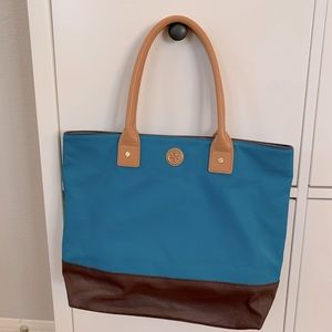 Tory Burch Blue Canvas Tote with Brown Trim